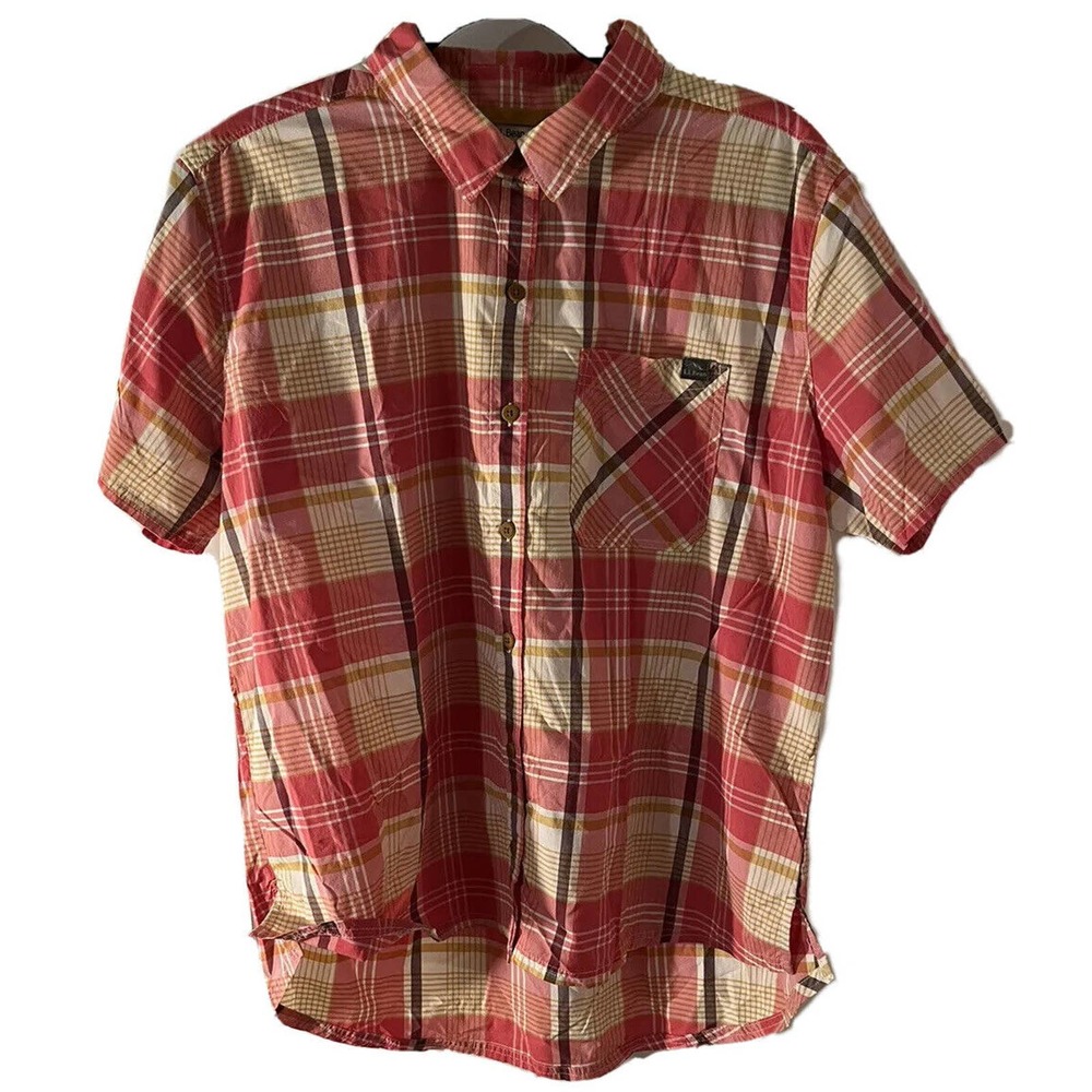 LL BEAN WOMENS LARGE PINK RED WHITE CASUAL BUTTON UP SHIRT TOP PLAID OUTDOORS